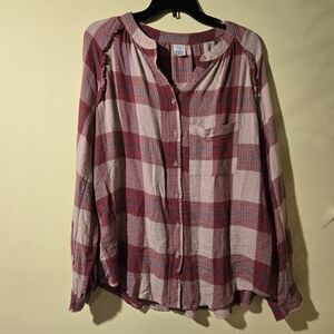 Time and Tru Red and Pink Plaid Maternity Blouse.